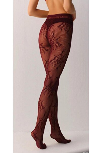 SUWEN Roses Fishnet Lace Ruched Floral Pattern Fishnet Pantyhose