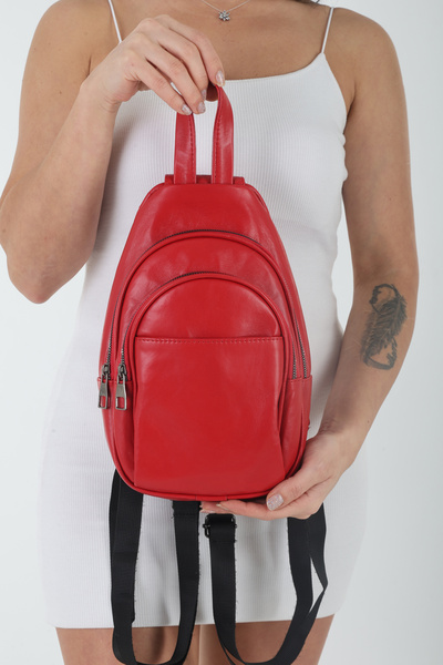 PİRİNÇ BEBE Pirinçbebe Women's Small Backpack Model Red Genuine Leather Crossbody and Backpack