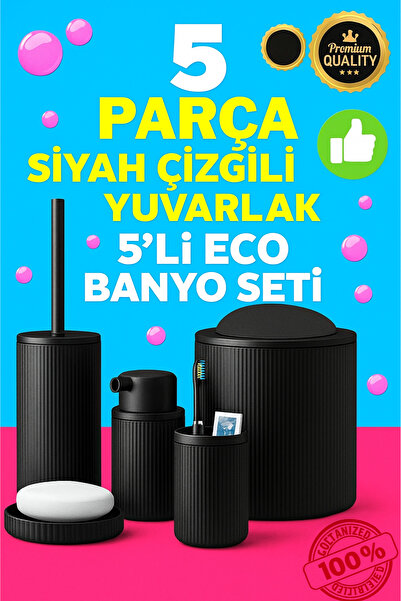 Teknoşık Mat Siyah 5’li Banyo Seti – Modern Şık Çöp Kovası Sabunluk Dispenser...