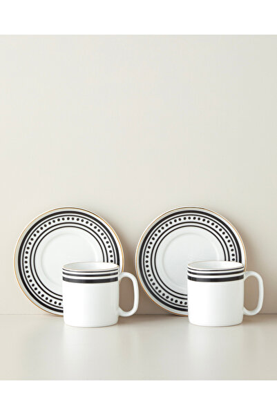 English Home Luminous White Bone Porcelain 4 Piece 2 Person Tea Cup Set 180 ml Black-White-Gold