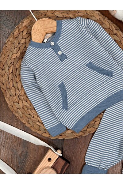 Kids Kingdom Cotton Thin Knitwear Striped Kangaroo Pocket Crew Neck 2-Piece Baby Boy Set