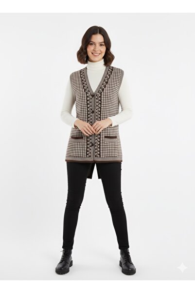 MADAM PARS Brown Plaid/Jacquard V-Neck Buttoned Pocketed Vintage Knitwear Vest