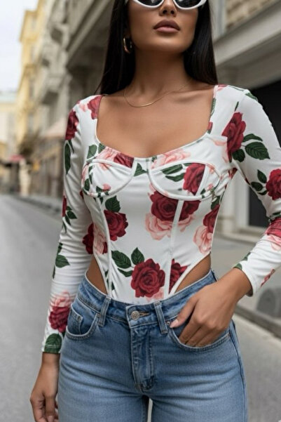 oshebu Women's Square Neck Rose Printed Bodysuit