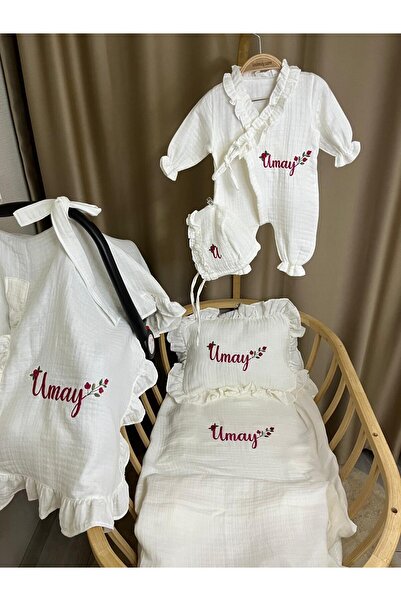 handemnakış tasarım İsimli Nakışlı Müslin 5'li Hastane Çıkışı Set - Fırfırlı ...