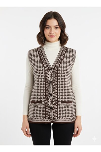 MADAM PARS Brown Plaid/Jacquard V-Neck Buttoned Pocketed Vintage Knitwear Vest