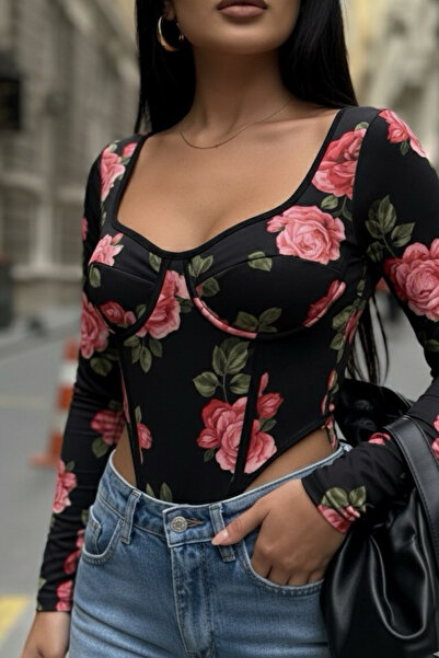 oshebu Kadın Kare Yaka Gül Baskılı Bodysuit