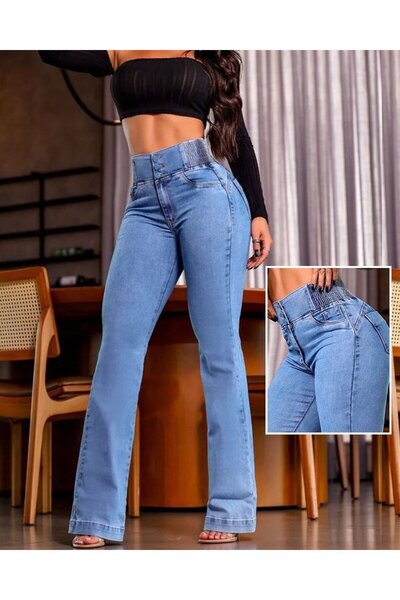 Kokosh moda Women's High Waist Jeans with Elastic Sides and Button Front