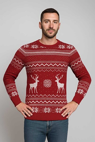 ANATOLIATEKSTILE Men's Christmas Sweater – Nordic Pattern with Reindeer, Thick Knit, Red