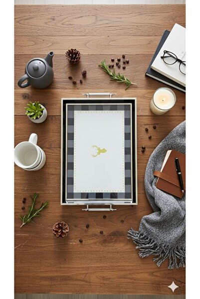 MagHome Modern Çay Kahve Kahvaltılık ve Sunum Tepsisi Lacivert Detaylı Gümüş ...