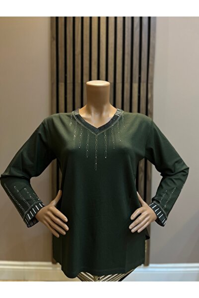 AKMAVİ Kadın Orta Yaş Ve Üzeri Triko V Yaka Taşlı Haki Anne Penye Bluz