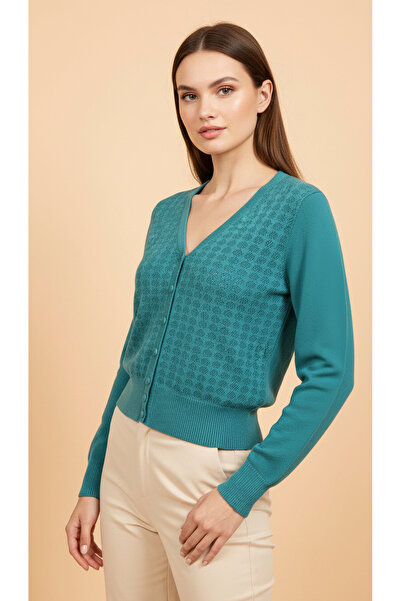 Digz fashion 100% Cotton Petrol Green Patterned Buttoned Knit Cardigan