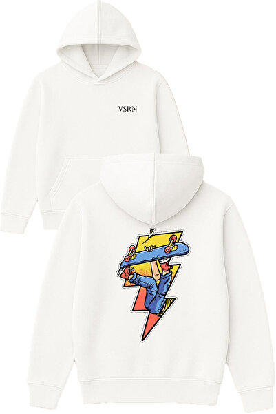 VSRN Lightning Bolt Design Printed Oversized White Hooded Sweatshirt