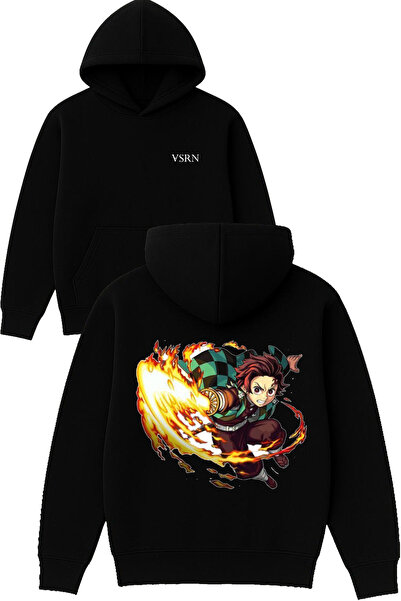 VSRN Hanorac negru supradimensionat cu glugă, cu imprimeu Flame Ball Design