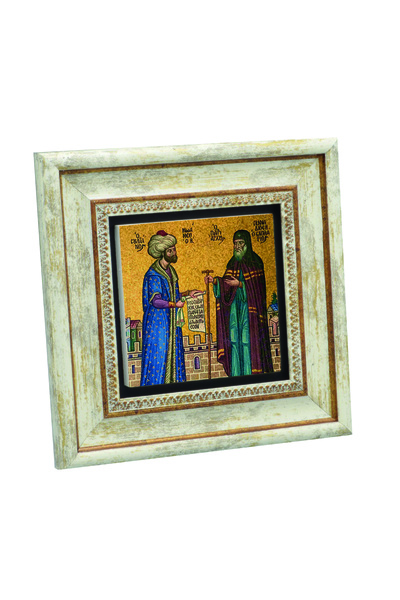 Sadrazam Mozaicul lui Fatih Sultan Mehmet și Patriarchul Ortodox Rum cu imprimeu Tabla din piatră naturală 20cm x 20cm |   1G-FSMG1