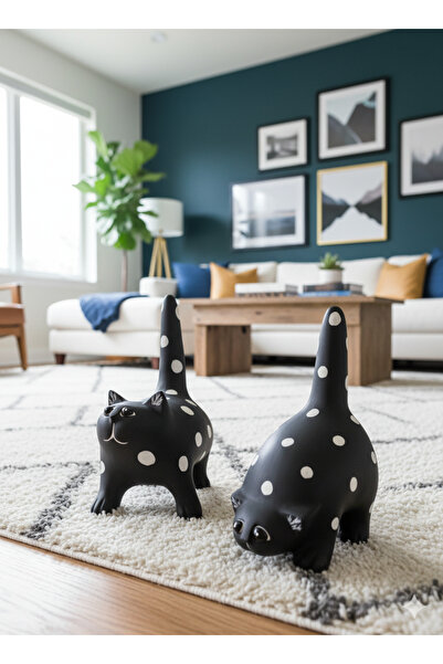 Modern Tombul Kedi 2'Li Biblo Seti, Polyester Ev Dekor Ürünü - 29cm x 24cm