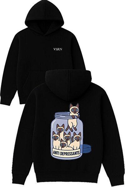 VSRN Hanorac negru supradimensionat cu glugă, cu imprimeu Anti Cat Design