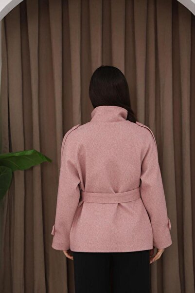 Lila Moda Double-Breasted Short Oversized Lined Pocket Cashmere Jacket Coat