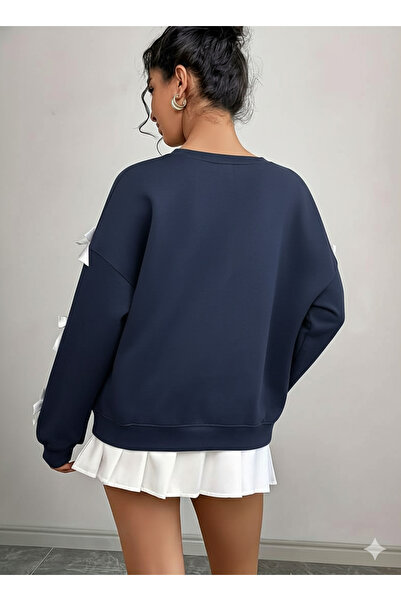 LEONE KOLEKSİYON Κομψό χειμερινό γυναικείο φούτερ με λεπτομέρεια με φιόγκο και λαιμόκοψη σε μπλε ναυτικό