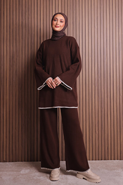 Mogi Butik Women's Oversized Rib Knit Spanish Sleeve Hijab Knitwear Set 3134