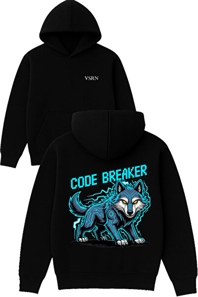 VSRN تصميم كود بريكر مطبوع قصة فضفاضة سويت شيرت أسود بغطاء رأس