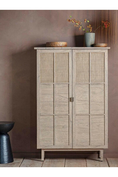 feruzadeco El Yapımı Hasır Detaylı Ahşap Dolap | Doğal Meşe Renkli Gardırop | Modern Tasarım 120x40x180 cm