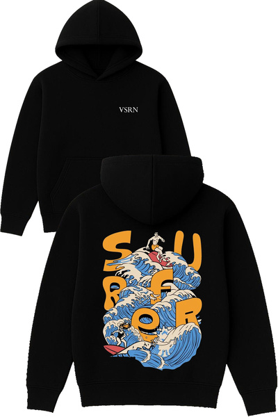 VSRN Hanorac negru supradimensionat cu glugă, imprimat cu design Surfer