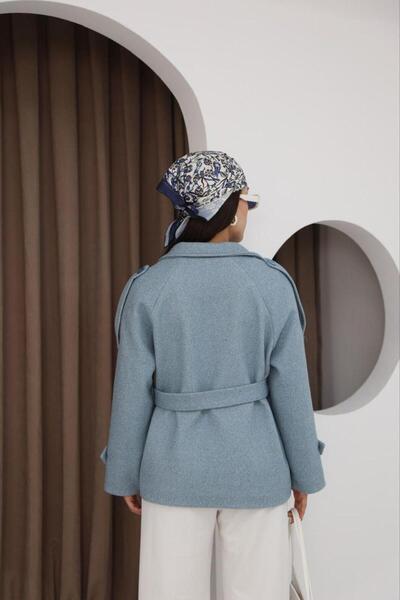 Lila Moda Double-Breasted Short Oversized Lined Pocket Cashmere Jacket Coat