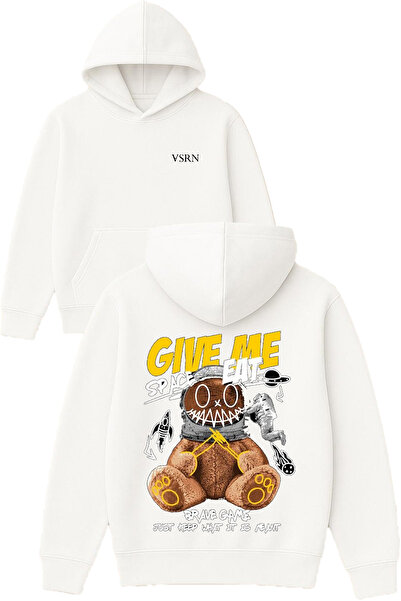 VSRN Gıve Me Design Printed Oversized White Hooded Sweatshirt