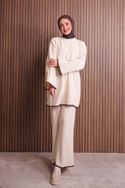 Mogi Butik Women's Oversized Rib Knit Spanish Sleeve Hijab Knitwear Set 3134