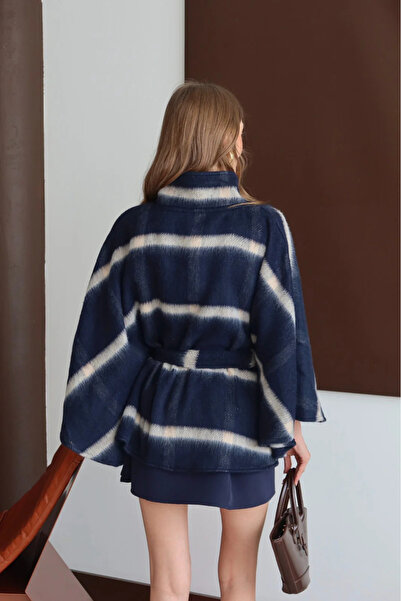 Lusin Women's Navy Blue Plaid Patterned Premium Poncho Jacket with Belt Detail