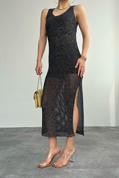 Lady Moss Дълга рокля с блясък и ажур - тъмносиньо-жълта