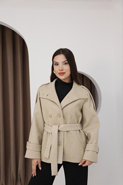 Lila Moda Double-Breasted Short Oversized Lined Pocket Cashmere Jacket Coat