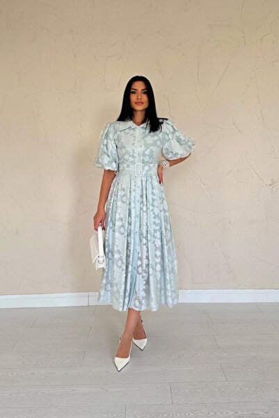 Pazarcan Menta színű íves ruha léggömb ujjakkal