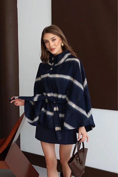 Lusin Women's Navy Blue Plaid Patterned Premium Poncho Jacket with Belt Detail