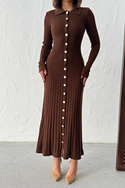 Lusin Women's Brown Gold Button Detailed Corded Fabric Long Knitwear Dress