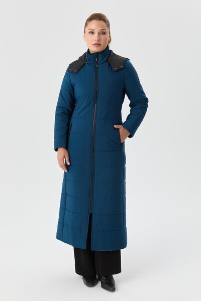 Doque Kadın Şişme Kaban Petrol Mavisi Araboy Kalın Kışlık Kapşonlu - Boy:130 cm 67050