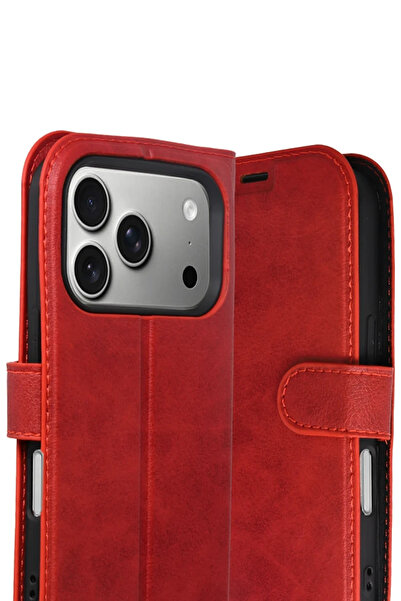 cepmoda iPhone 17 Pro Max Case with Cover | Tp Pu Leather Full Protection Wallet Stand Card Holder Case - Red