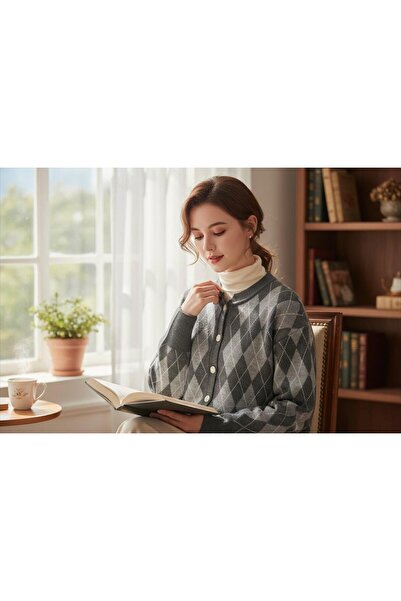 EREN STYLE Fleece-Lined Cotton Baklava Pattern Cardigan (Size 38-48)