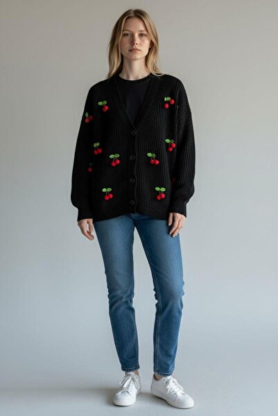 EREN STYLE Knitwear Cherry Detailed Cotton Angora Wool Long Sleeve Sweater