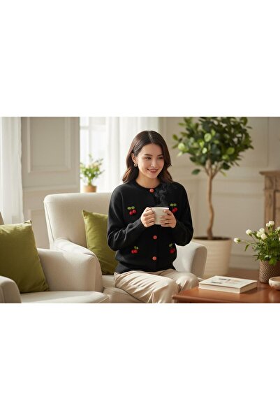 EREN STYLE Knitwear Cherry Detailed Cotton Angora Wool Crew Neck Cardigan