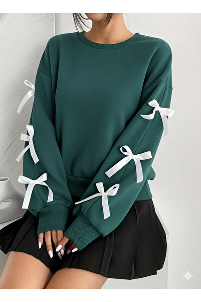 LEONE KOLEKSİYON Κομψό χειμερινό γυναικείο φούτερ με λεπτομέρεια με φιόγκο, πράσινο νεφτένιο, με λαιμόκοψη ποδηλάτου