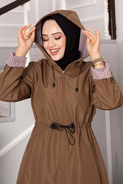 ECALAMODE Women's Brown Raincoat Trench Coat Transitional Adjustable Waist Hooded Hijab – Sports & Casual Cap