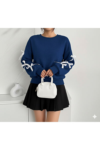 LEONE KOLEKSİYON Елегантна темно-синя жіноча зимовий світшот з коміром-стійкою та бантиком