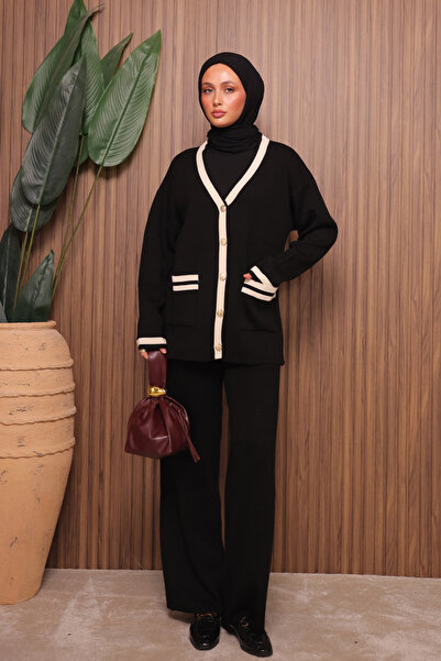 Mogi Butik Women's Oversized Knitted V-Neck Cardigan Hijab Knitwear Set 3135