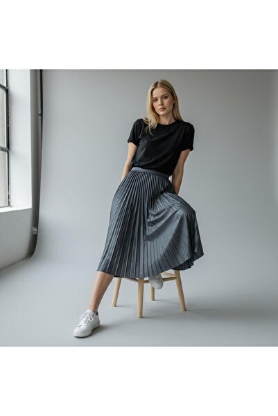 EREN STYLE Leather-Look Pleated Cotton Woven Viscose 4 Season Skirt(95 cm)-(38-48)