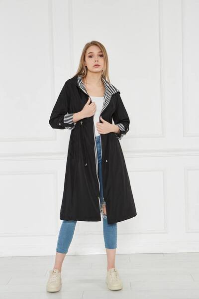 ECALAMODE Women's Black Hooded Raincoat Trench Coat Transitional Adjustable Waist Hijab – Sports & Casual Cap