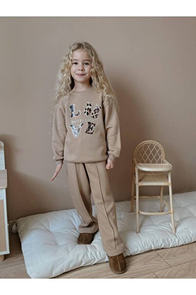 ButumiKids Kız Çocuk Kelebek Kalp Taş Baskılı 3 İplik Alt Üst Eşofman Takımı