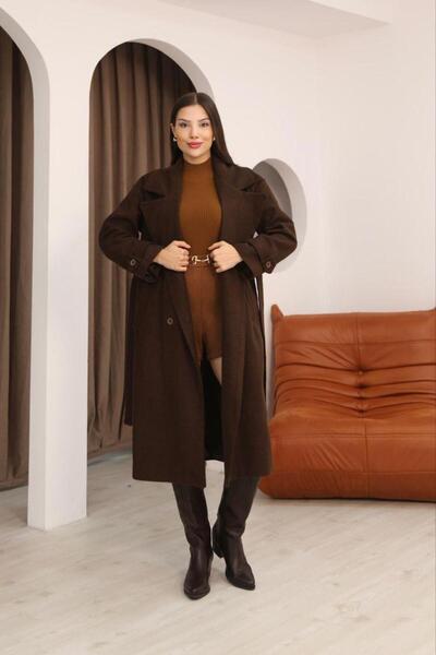 Lila Moda Double-Breasted Oversized Premium Quality Belted Long Cashmere Coat