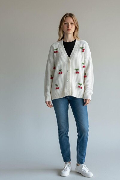 EREN STYLE Knitwear Cherry Detailed Cotton Angora Wool Long Sleeve Sweater