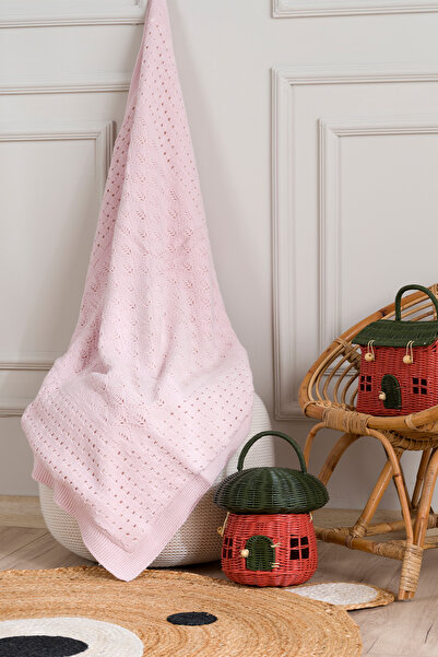 Koza Home Toffy Dusty Pink Checkered Knitted Baby Blanket 100X100